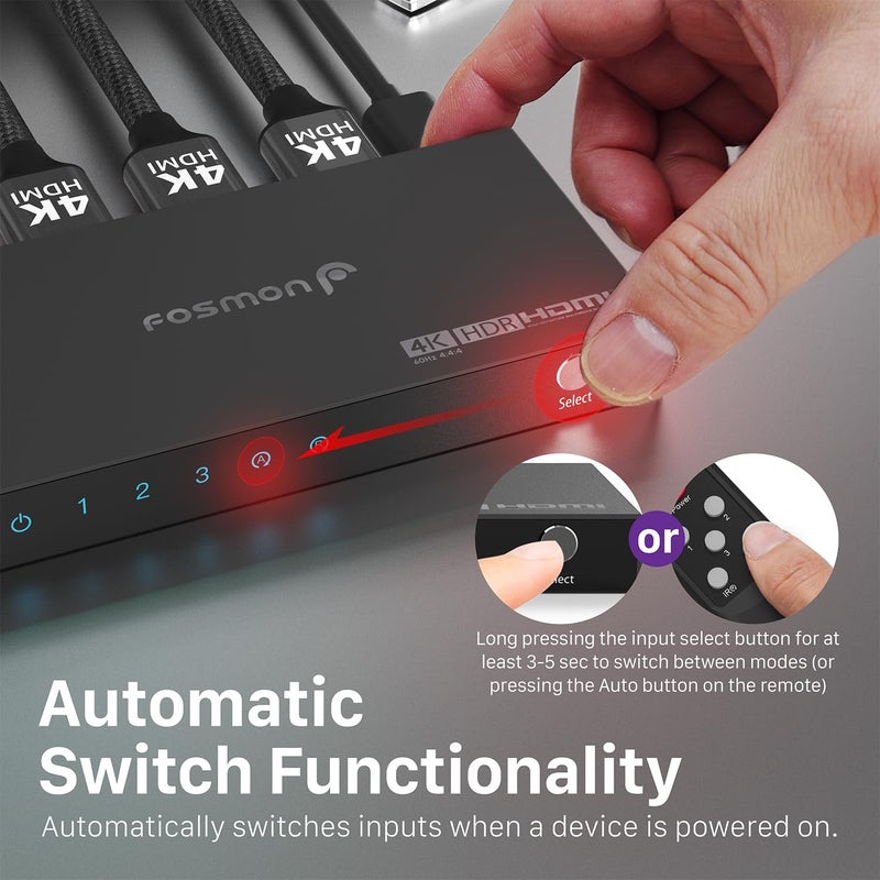 Fosmon 3-Port HDMI 4K Switch with Remote, Support 4K@60Hz HDCP 2.2 High Speed 18Gbps 3 in 1 Out Auto-Switching 3x1 HDMI 2.0 Switcher Splitter Hub Compatible with PS5, Xbox X, Apple TV - Image 5